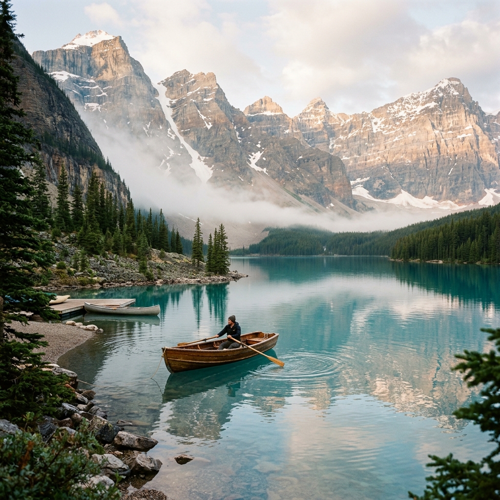 Mountain lake with wooden boat